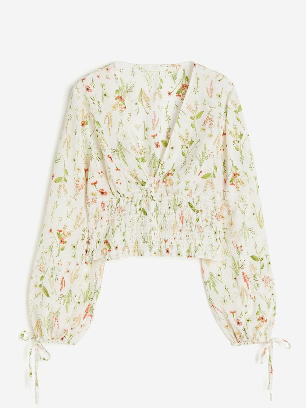 H&M Cream Floral Smocked Crop Blouse with Green Accents
